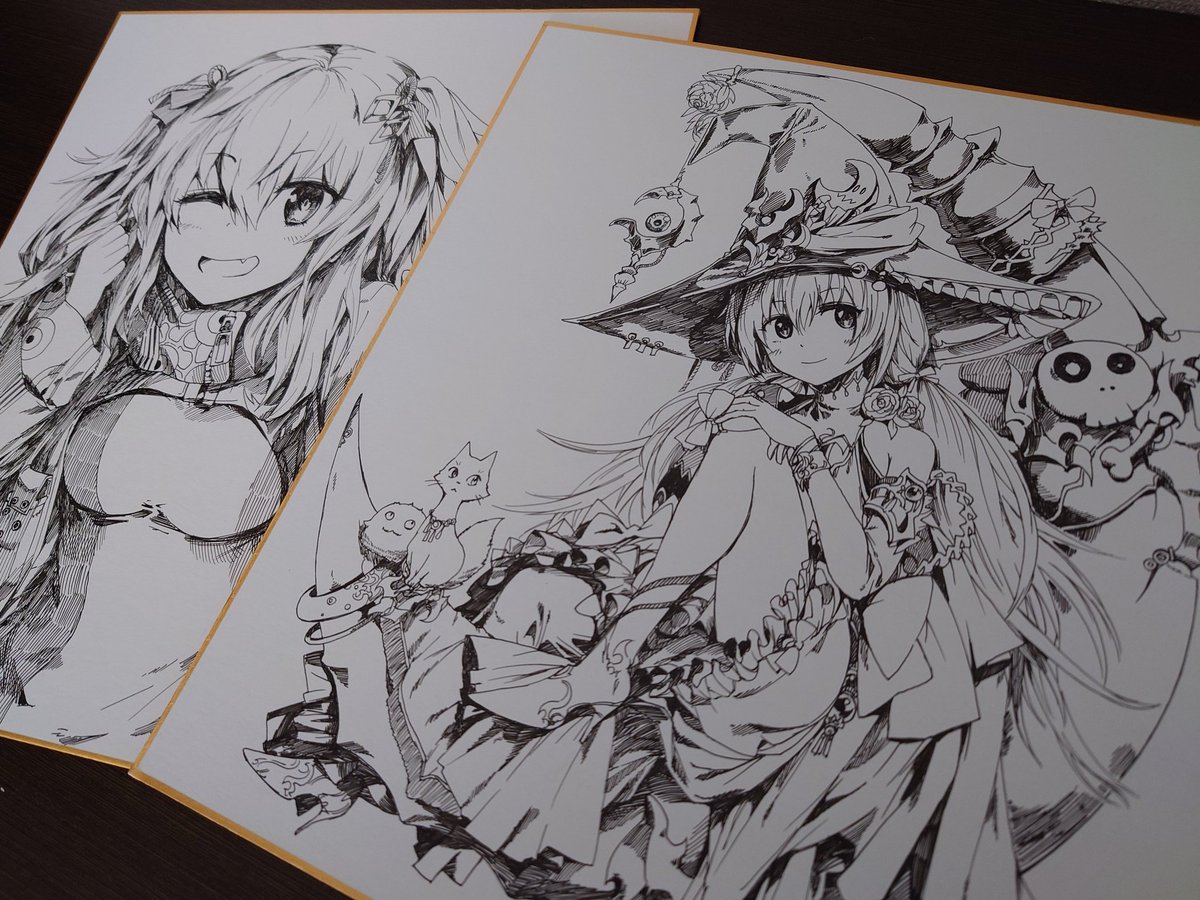 sahosahosa's tweet photo. 浦木さん@uraki08junのイラストが届きました。
魔女っ子の表情やフリルのふわふわ感と三日月のトゲトゲ感の組み合わせが面白い。背景ストーリーを���い巡らせます。
使い魔の猫と謎の生き物？もかわいい。線画もいいですがウッドバーニング作品も楽しみです！ https://t.co/SWHgjmA2LJ