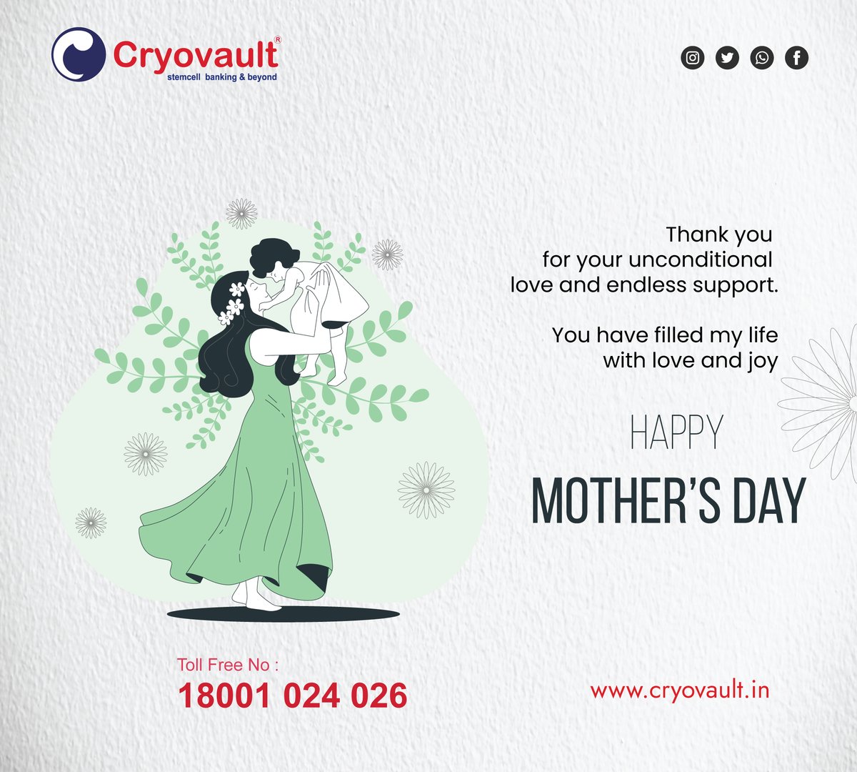 You have filled my life with love and joy....!

*Happy Mother's Day ....!*

Call Now:- 18001024026
Visit:- cryovault.in
#cryovault #cordblood #stemcellbanking #stemcelltreatment #stemcellbanking #india #savestemcellsafterbirth #largeststemcell #cordbloodstemcells