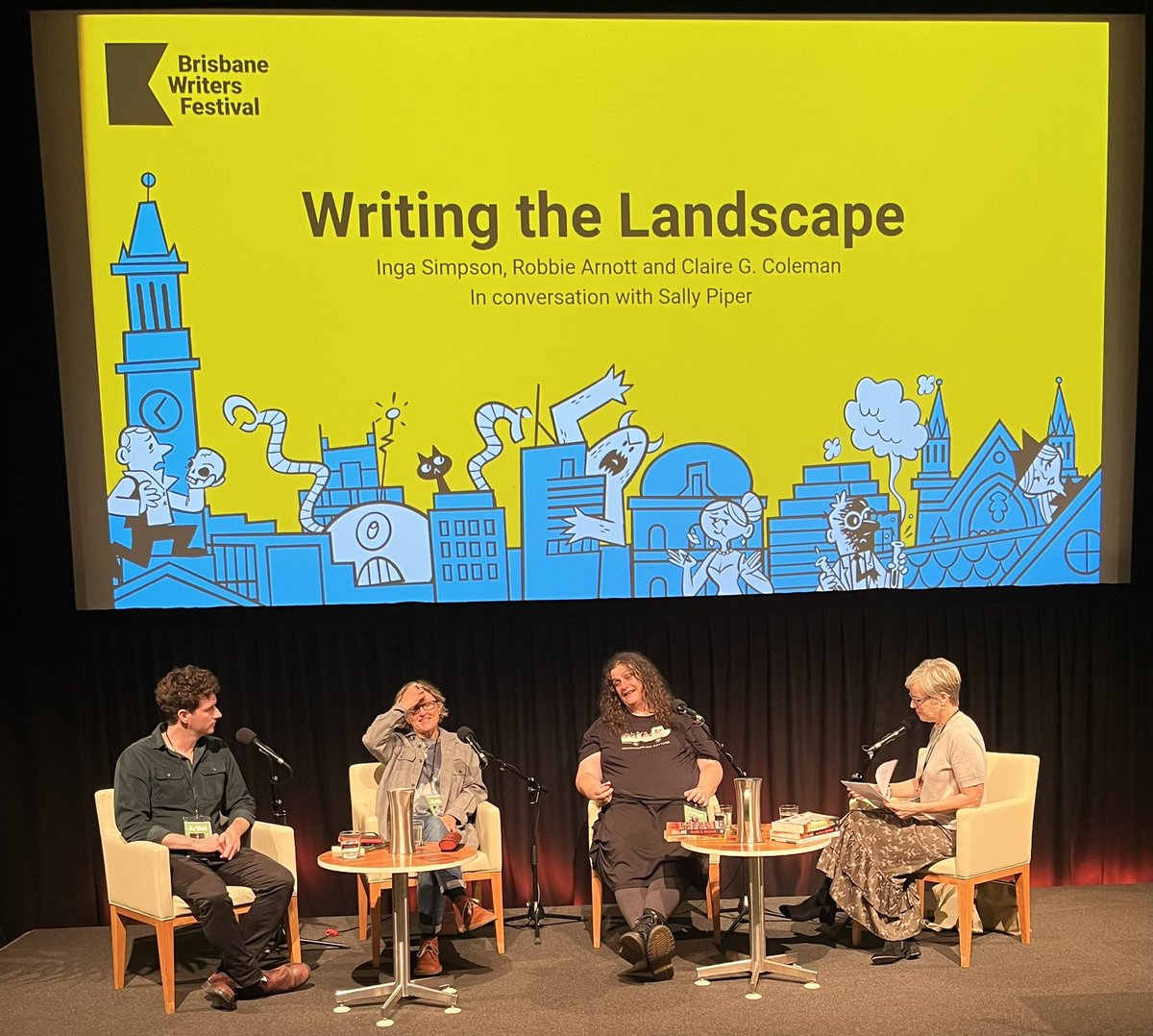What a wonderful panel!!! @clairegcoleman, @NestOfPages and @RobbieArnott discussing landscape in their brilliant works with @SallyPiper. @HachetteAus @text_publishing @BrisWritersFest