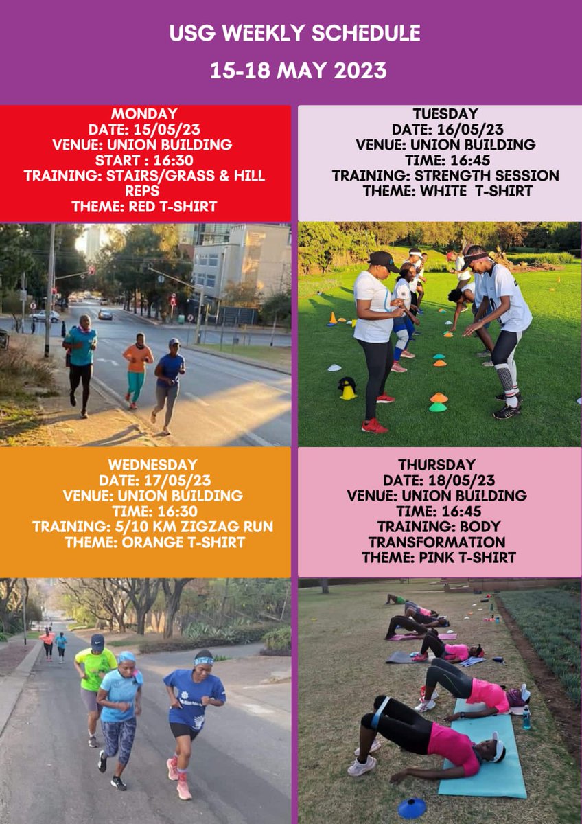 Unique Squad Schedule 

Monday - Thursday 
15th - 18th May 
16:30  - 18:00

@UniqueSquadPta
#FitnessWithUniqueSquad
@UKRunChat
#FetchYourBody2023
#TrainingWithSoleAC
#RunningWithTumiSole 
#BudgetInsurancexRunningWithSoleAC 
#IPaintedMyTraining