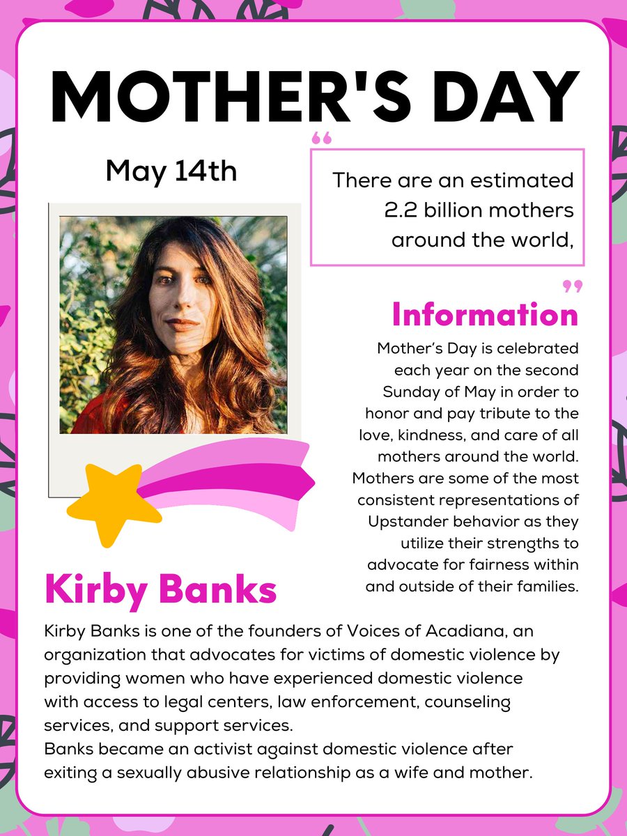 Today is #MothersDay. There are over 2.2 billion mothers around the world, and many unfortunately go through domestic abuse and violence. Kirby Banks is an advocate and the co-founder of Voices of Acadiana, an organization helping women suffering from domestic violence heal.