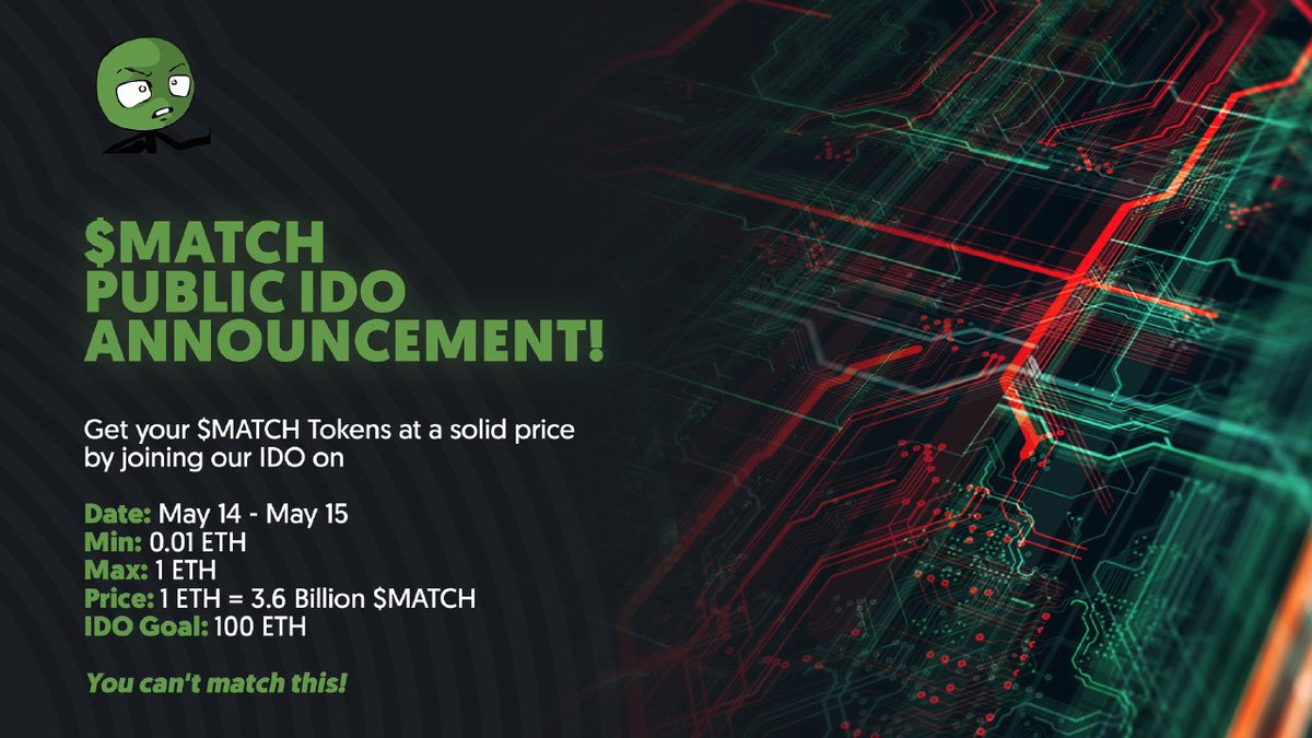 ⏲  It's almost time! ⏲ The public sale is starting in just a few hours! 
The $MATCH Coin Public Sale starts at 12:00 (UTC) ⏰
The first opportunity to get your hands on the next big memecoin‼
Get your wallets ready, this is an opportunity of a lifetime.

🌐Website: