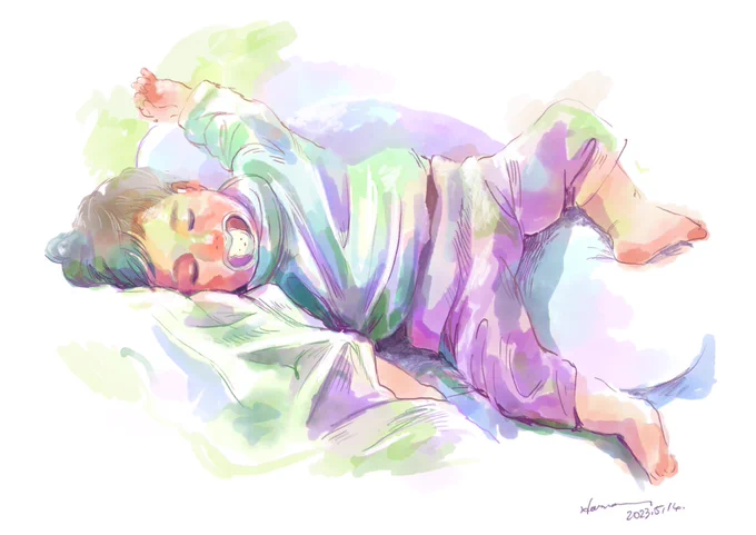 おやつをたべてねる。 #AdobeFresco #illustration #育児絵日記