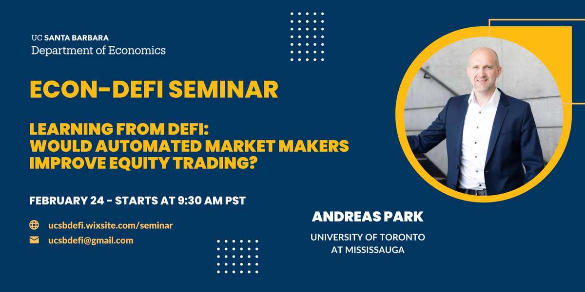 UCSBDeFi's tweet photo. Our YouTube channel is up! βΆοΈ
Watch a recorded seminar, Learning from DeFi: Would Automated Market Makers Improve Equity Trading? , presented by @financeUTM of @UofT: https://t.co/FgdaTgsAZM
#gradforgrad #DeFi https://t.co/fwWCLHIMjR