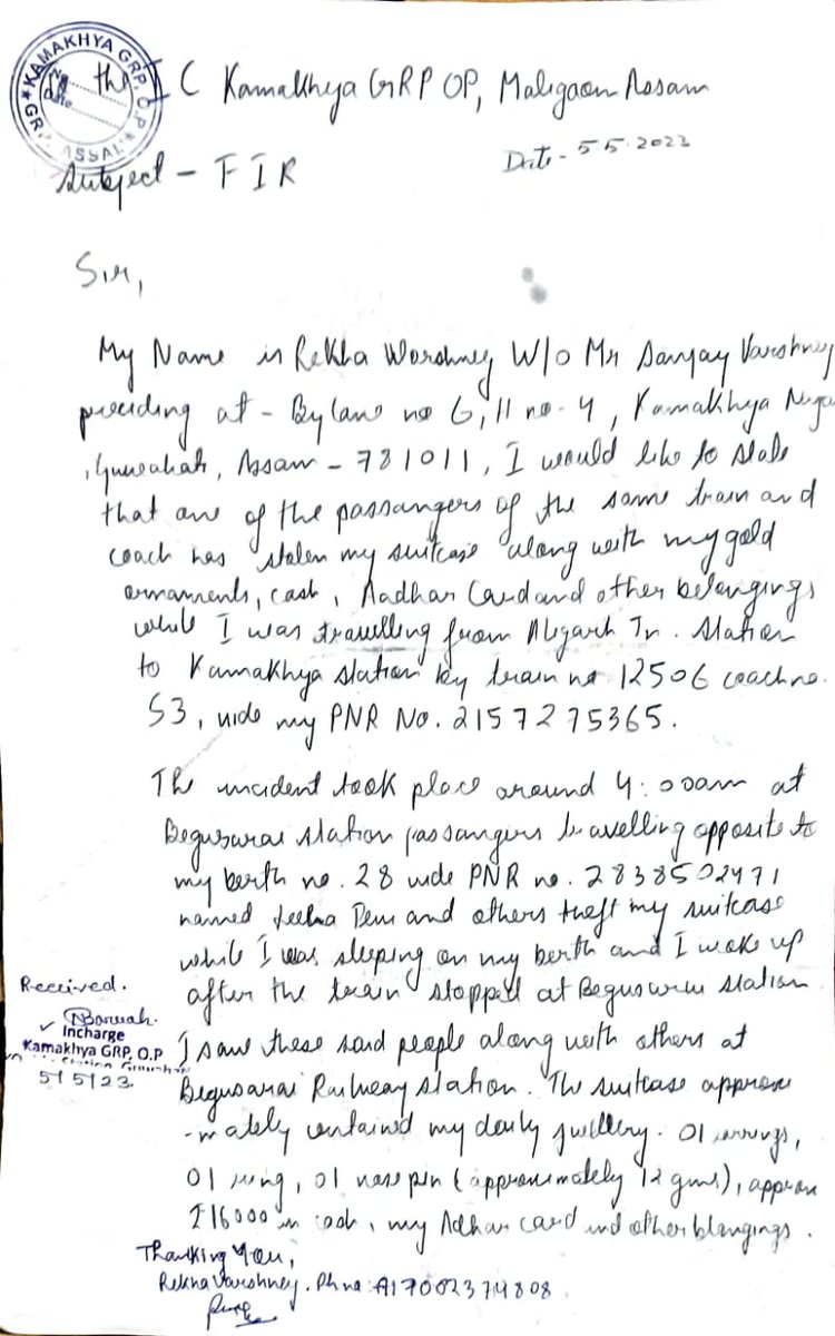 sanjayvarshney's tweet photo. @AshwiniVaishnaw @RailMadad @RailMinIndia @RPF_INDIA
Nothing happened on this theft case despite culprit is nominated in the FIR, Mr. Harun GRP PS BEGUSARAI is behaving rudely with my victim wife and doing nothing.. Is that we are expecting from Railway police sir, pl look 🙏🏻 https://t.co/qBhPVtGuW5