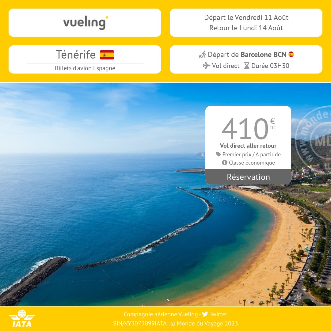 Monde_du_Voyage's tweet photo. 😋 Billet d'avion Barcelone Ténérife Espagne à 410€ ✈ vol en promo au départ de Barcelone BCN, vol direct Vueling, billet d'avion aller retour #tenerife #espagne #billetsavion #vueling #barcelone https://t.co/a8QijmL9pu https://t.co/5PigJya6X7