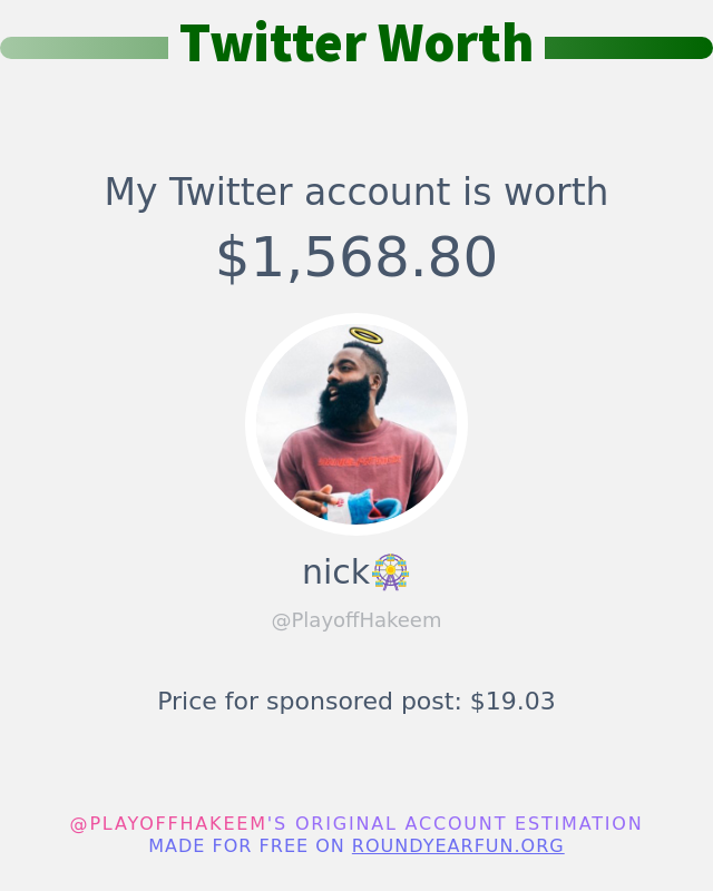 PlayoffHakeem's tweet photo. My Twitter worth is: $1,568.80

➡️ https://t.co/iTedCJurk4 https://t.co/ZzvAQBUocM