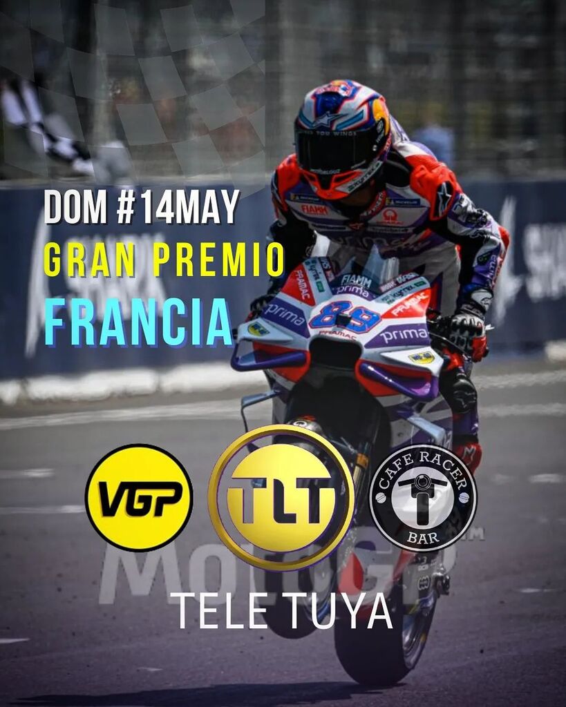 Domingo 14 de mayo no te pierdas el campeonato de @motogp en Lemans Francia, desde muy temprano por la @lateletuya con la animación de <a href="/vaccarellagp/">Tony Vaccarella</a> y <a href="/vhbracamonte/">Victor H. Bracamonte:.</a>

#motogp #motociclismo 
#lateletuya #francia #altosmirandinos #caferacerfestival instagr.am/p/CsNGnGkOH5w/