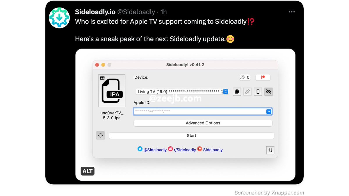 ZeeIpaLibrary's tweet image. 🚨Big news for Apple TV fans!🍿 The next Sideloadly update will bring Apple TV support!👏 Who else is excited?😍 

Learn More - bit.ly/3FNO4to

#Sideloadly #AppleTV #ExcitingUpdate