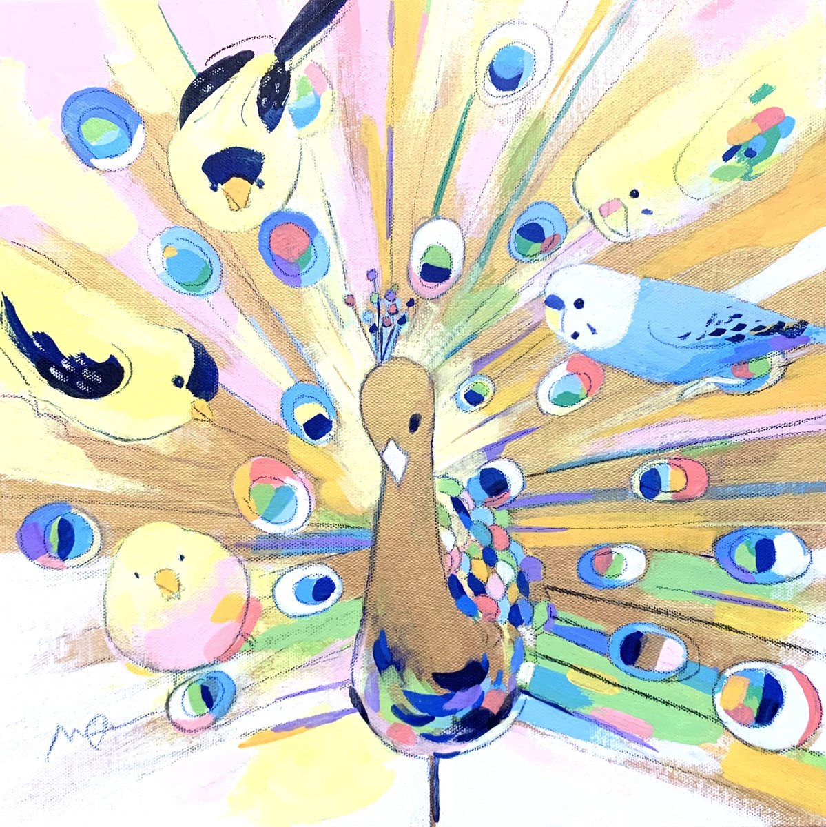 「個展出品作品紹介⑨ 「自ら光る」S4キャンバス 金色虹色に輝くクジャク・ゴールド」|オクムラミチヨのイラスト