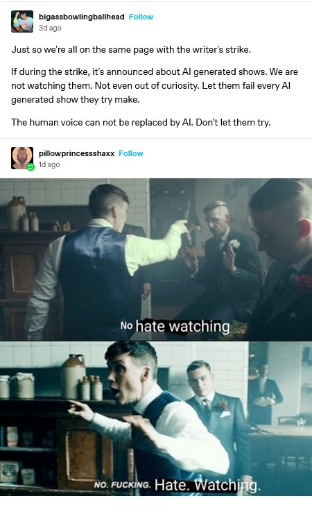 Ajayauthor's tweet photo. #writersstrike None of us will stand for this. NFTs were not funny, cute, or even worth it when so many were made from stolen art. AI needs to be stopped in its tracks. They will not take our creative jobs from us, or ANY jobs from us. This is a capitalist nightmare. https://t.co/xrGSZJUoXn