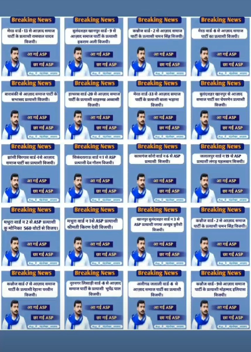 अपने पहले ही निकाय चुनाव में सीटें जीतना आसान नही होता। यह संदेश है कि <a href="/AzadSamajParty/">Aazad Samaj Party - Kanshi Ram</a> ने जनता के दिलों में जगह बना चुकी है। आदरणीय बड़े भाई <a href="/BhimArmyChief/">Chandra Shekhar Aazad</a> चन्द्र शेखर आज़ाद जी के संघर्ष को जनसमर्थन मिला है। तमाम पदाधिकारी, कार्यकर्ता एवं समर्थकों को बहुत बहुत बधाई।#Riyaambedkar