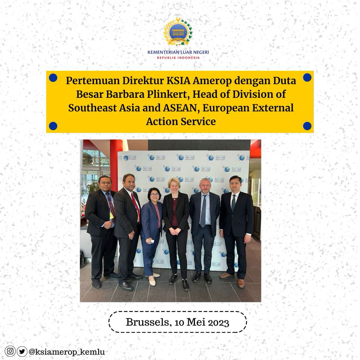Halo #SahabatKemlu dan #TemanAmerop!

Pada 10 Mei 2023 di Brussels, Direktur KSIA Amerika dan Eropa melakukan pertemuan dgn Duta Besar Barbara Plinkert, Head of Division of Southeast Asia, European External Action Service.