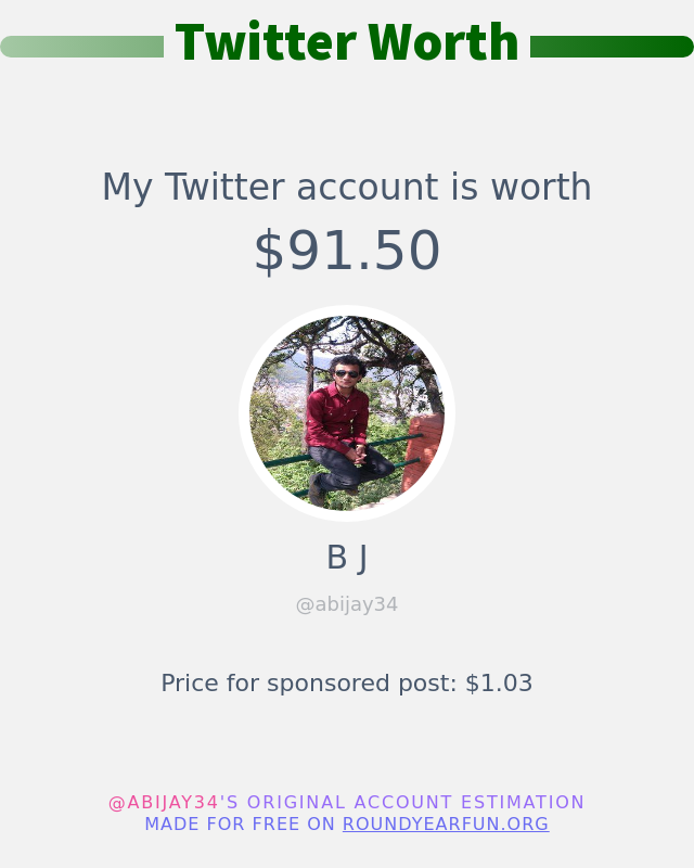 abijay34's tweet photo. My Twitter worth is: $91.50

➡️ https://t.co/Vfx1zzxXNa https://t.co/sA7SHXtxnY