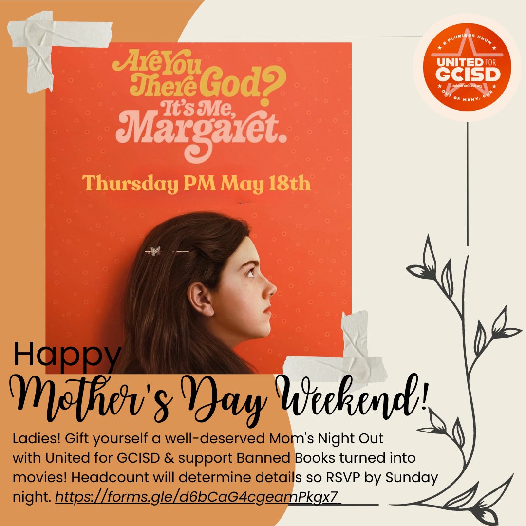 Happy Mother's Day weekend Moms! Thank you for spending time fighting for GCISD on top of all of the other jobs you all hold. 

Take some time for yourself this Thursday and join us!