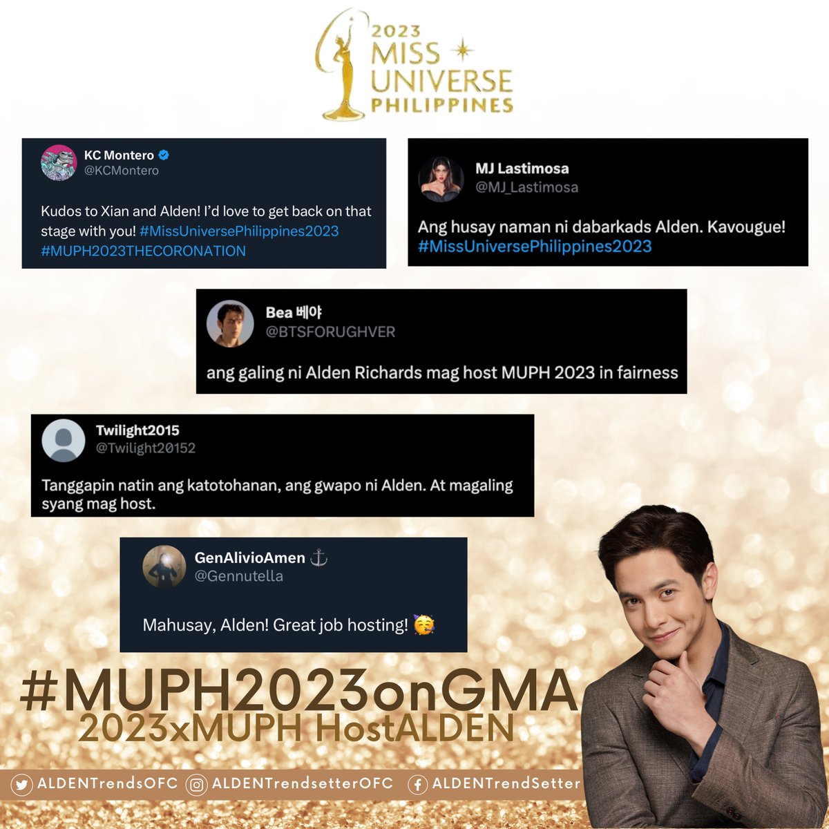 This was his FIRST to host the Miss Universe Philippines.
And for a first-timer, his presence of mind was outstanding and he did really well! 💯

Thank you so much for your great words for ALDEN!

<a href="/aldenrichards02/">Alden Richards</a> <a href="/theMUPH/">Miss Universe Philippines</a> <a href="/gmanetwork/">GMA Network</a> 
#MUPH2023onGMA 
#ALDENRichards 
2023xMUPH