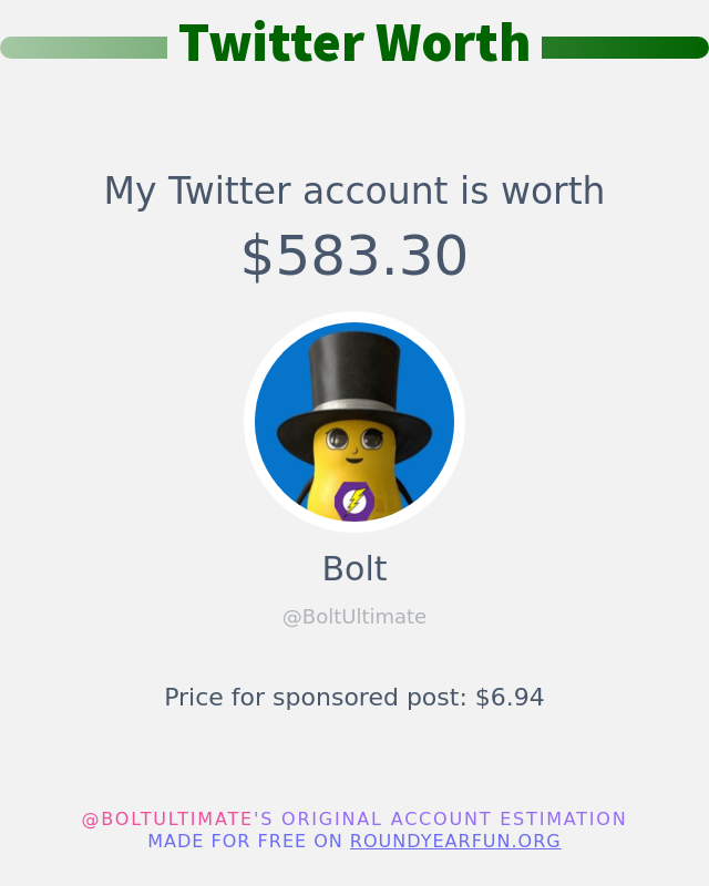 BoltUltimate's tweet photo. My Twitter worth is: $583.30

➡️ https://t.co/SuR4DB5JOn https://t.co/oqYSfZF1J3