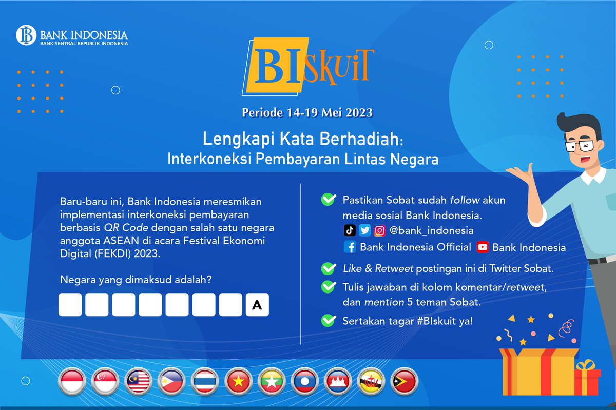 bank_indonesia's tweet photo. #SobatRupiah, mari #BeriMakna bg implementasi pembayaran lintas negara dgn mengikuti tebak kata berikut!

Sobat bisa cari tahu pertanyaan pd rangkaian Festival Ekonomi Digital (FEKDI) 2023 beberapa hari lalu di media sosial BI.

Simak pertanyaan, ikuti petunjuk, &amp; jwb dgn benar! https://t.co/uHRMsGcxvm