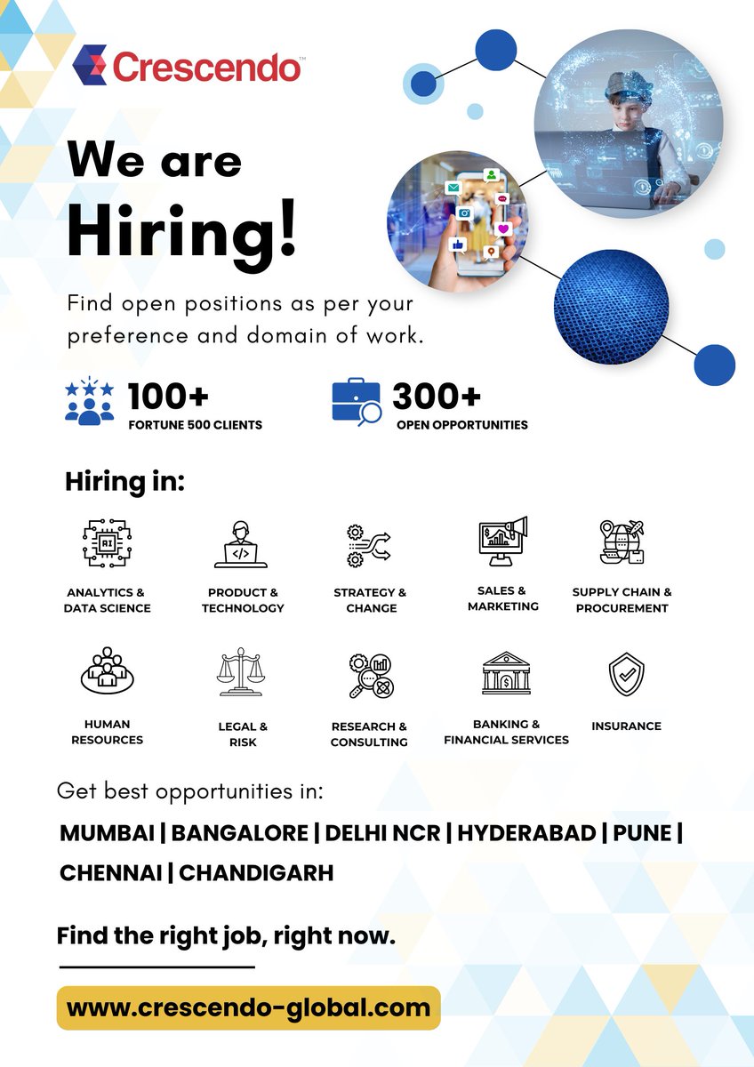 We are Hiring!
Find open opportunities in multiple domains with Crescendo Global.

Apply now at buff.ly/3gVTV9f

#jobs #technology #analytics #humanresources #finance #insurance #sales #gurugram #gurgaonjobs #bangalorejobs #mumbaijobs #remotejobs #wfhjobs #hybridjobs