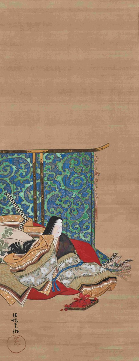 ＼ #大蒔絵展 #徳川美術館 ／

『源氏物語』の秋好中宮を描いた作品

第21帖「少女」

9月の夕暮れ、箱の蓋に色とりどりの紅葉をのせ、

「心から春まつそのはわがやどの　紅葉を風のつてにだに見よ」

歌を添えて紫の上に贈ったというエピソード

《秋好中宮図》
尾形光琳筆　江戸時代
ＭＯＡ美術館