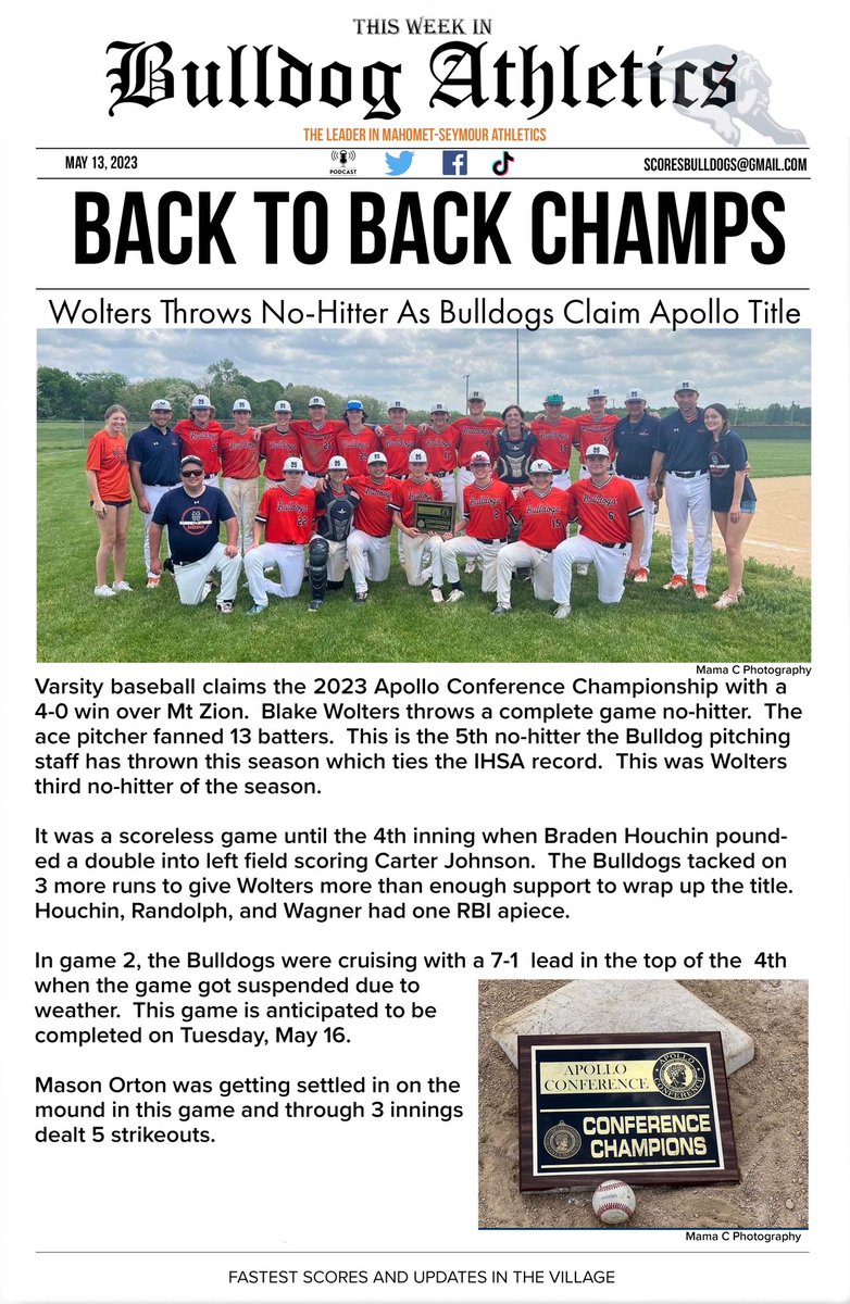 Varsity <a href="/MSBulldogBS/">Mahomet-Seymour Boys Baseball</a> claims conference title, ties IHSA record, and will look to complete game 2 on Tuesday. <a href="/wolters_blake/">Blake Wolters</a> <a href="/CarterJohnson08/">Carter</a> <a href="/FinnRandolph/">Finn Randolph</a> <a href="/benjaminwagz/">Ben Wagner</a> <a href="/masonorton2025/">Mason Orton</a> <a href="/HouchinBraden/">braden houchin</a>