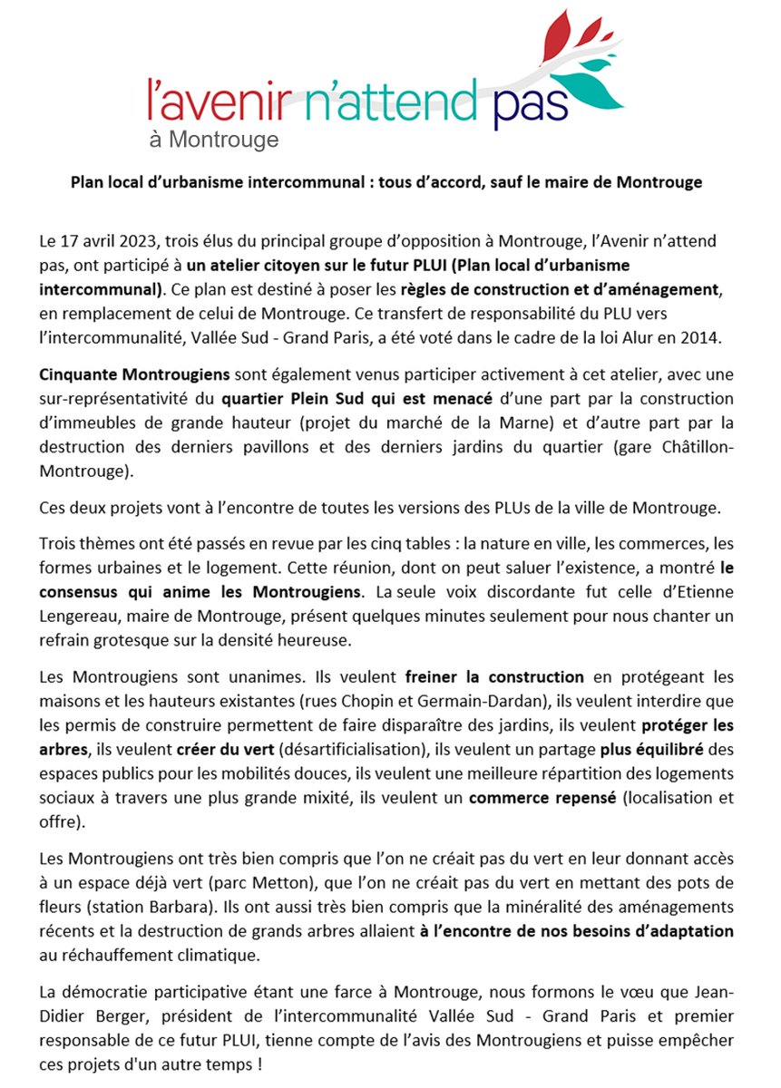 #Montrouge : le futur PLUI, Plan local d’urbanisme intercommunal, doit poser les règles de construction et d’aménagement, en remplacement de celui de la ville. Nous espérons qu'il pourra empêcher les projets d'un autre temps voulus par Etienne Lengereau ! (marché de la Marne...)