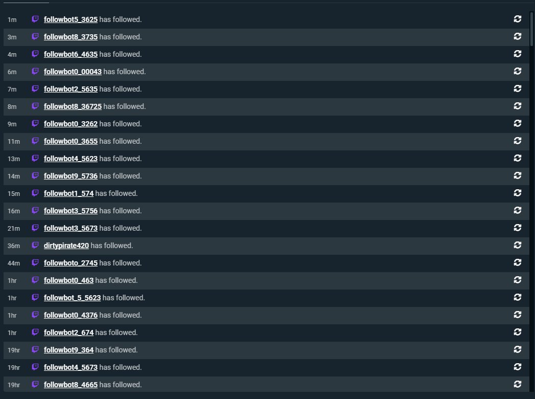fishheadzzTV's tweet photo. Anyone else getting follow bots smashing them? I have Sery Bot downloaded but it's not stopping these bots, I don't really know what do any suggestions would be sick. Cheers!

#Twitch #Followbot #Help https://t.co/esUZqaqzUq