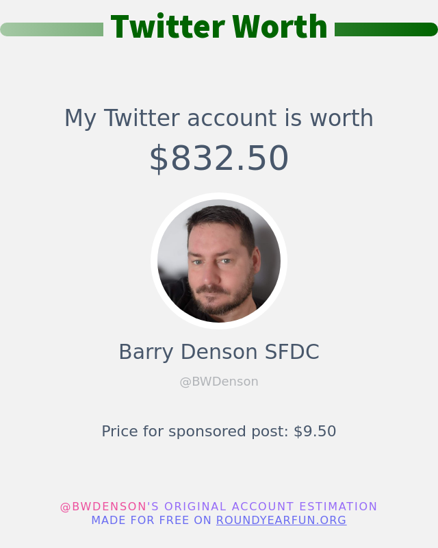 BWDenson's tweet photo. My Twitter worth is: $832.50

➡️ https://t.co/cjlktrwrvS https://t.co/mNcoeI1CuV