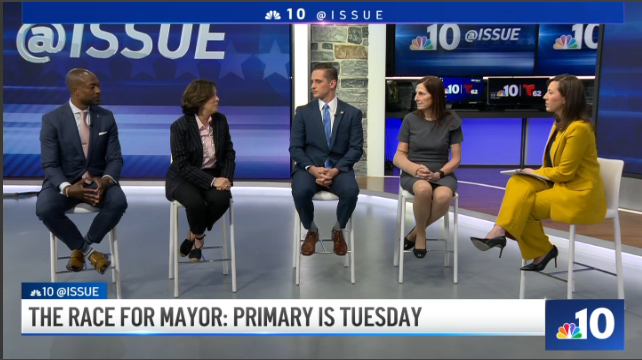 JasonRothman's tweet photo. 11:30 this morning on @NBCPhiladelphia:
Previewing the Philly Mayoral Primary
@Laurenjmayk talks to a panel of local experts and political observers...
@mustafarashed 
@DonnaRCooper 
@DaveGalluchPA 
@PatLoeb  
#NBC10atISSUE https://t.co/rXABJFJfaS