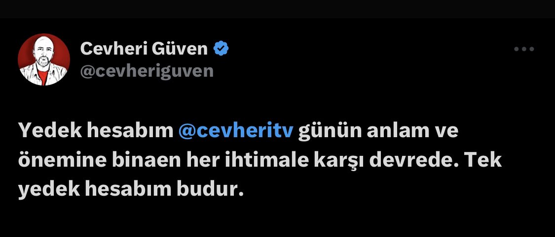 Cevheri Güven her ihtimale karşı yedek hesap açtığını duyurdu. 

Hesap bu - > <a href="/cevheritv/">Cevheri Güven</a> 

Lütfen takip edelim ve RT ederek duyuralım!