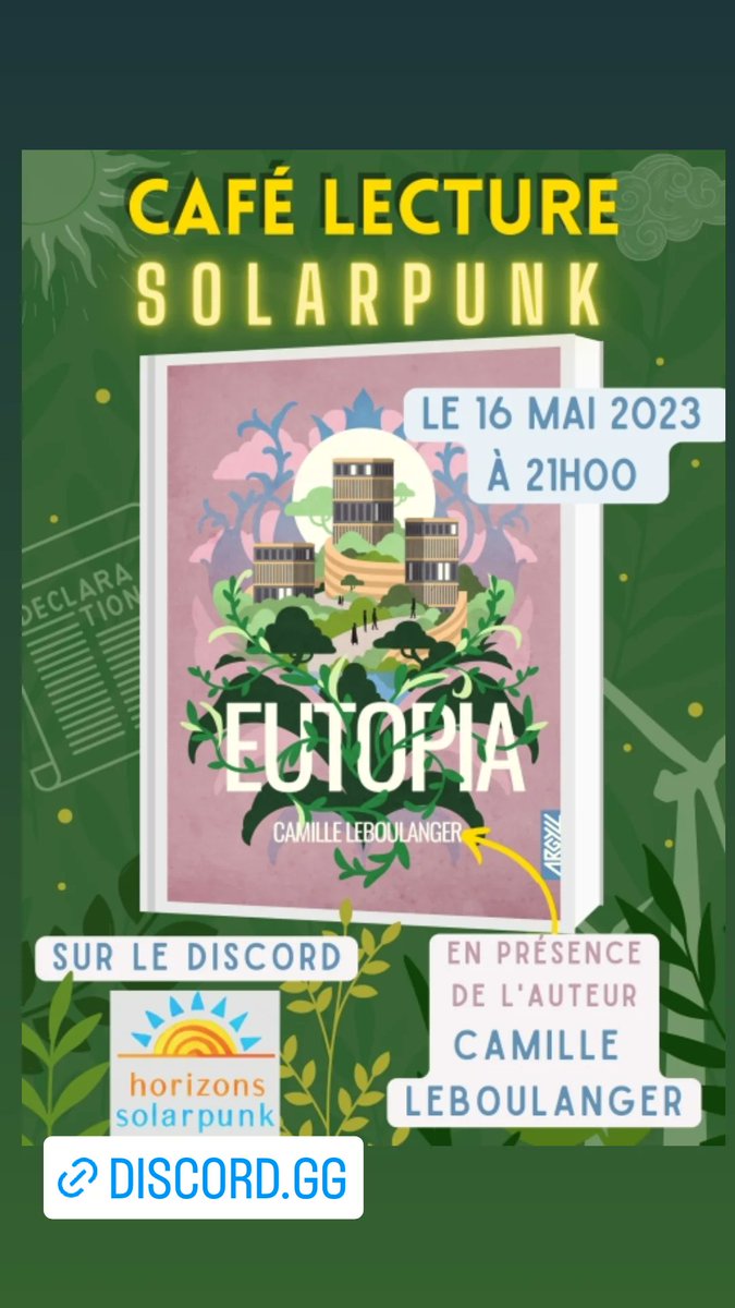 montaukgirl1312's tweet photo. Si vous avez kiffé le roman #Eutopia c'est le moment de venir sur notre café lecture #solarpunk sur le discord @horiz_solarpunk 🤩 https://t.co/lVGNqYi13O