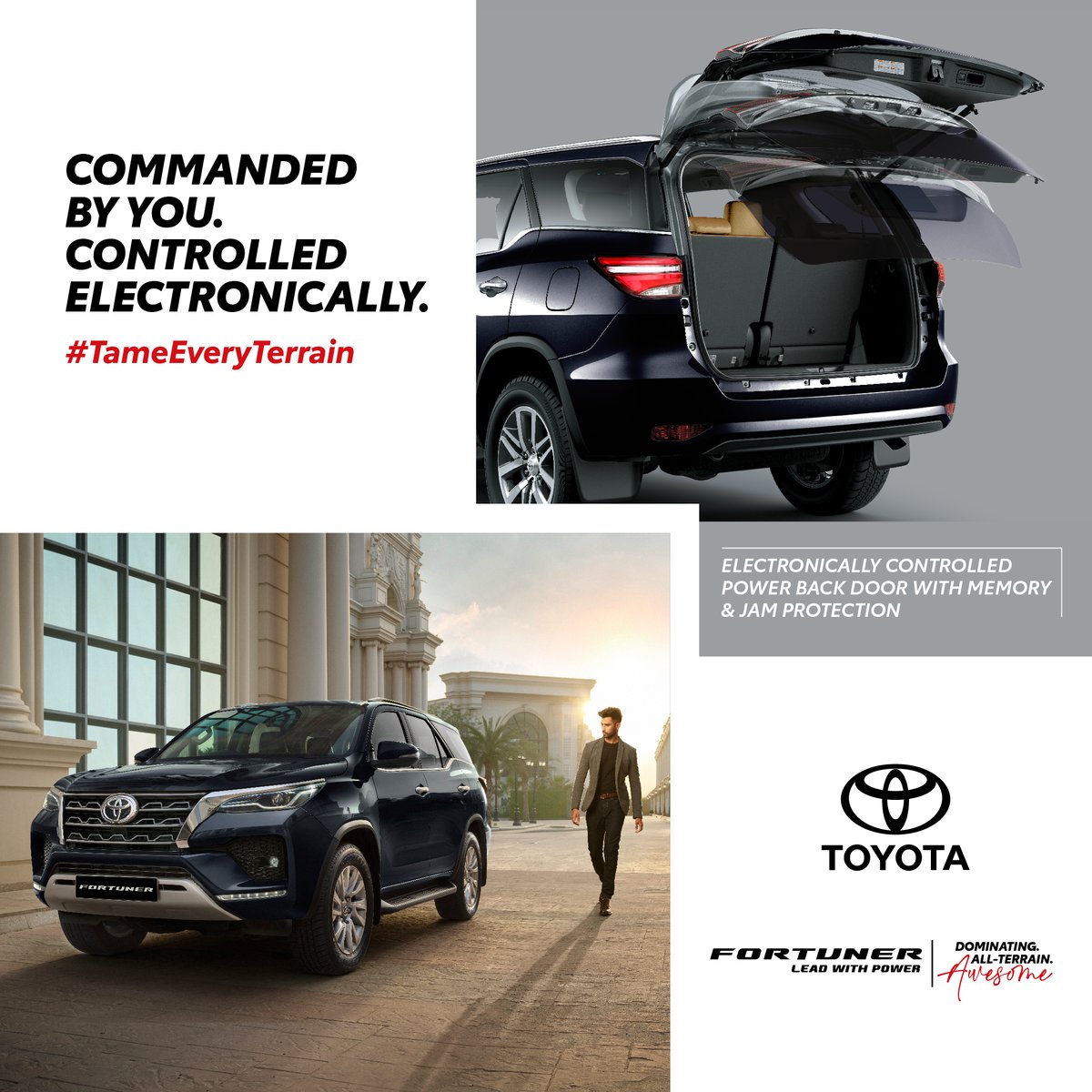 The #ToyotaFortuner lets you be in command and #TameEveryTerrain with ease as well as be in control by electronically operating the Power Back Door while taking advantage of its memory function and jam protection. Check out- bit.ly/ToyotaIndiaFor… #Awesome #Fortuner #ToyotaIndia