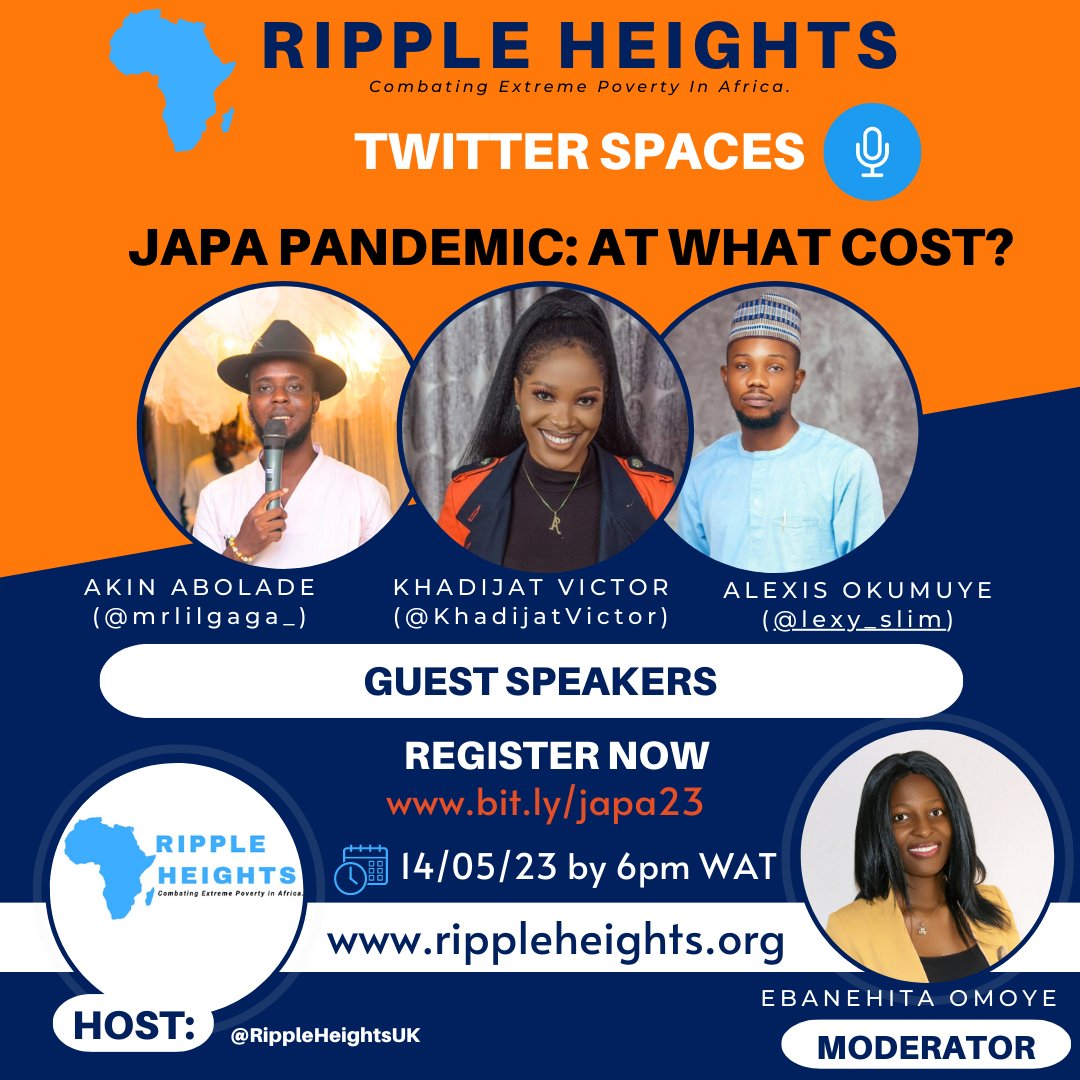 JAPA PANDEMIC- AT WHAT COST?
Join @RippleHeightsUK as we chat with @mrlilgaga_ , @KhadijatVictor & @lexy_slim on this subject matter. Time is 6pm wat

cc @RippleHeightsUK 

#RippleHeights #TwitterSpace 
Enioluwa Fela The IGP Falz Go Hilda Idan The IGP Lekki
