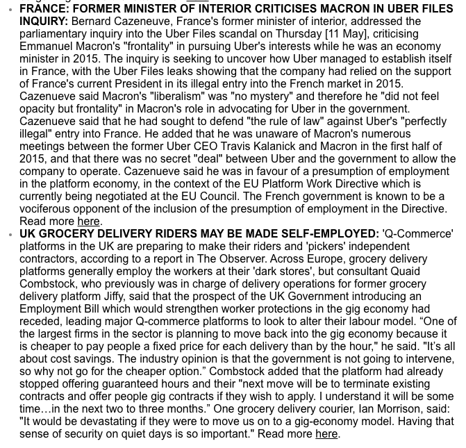 News round-up:

- Glovo couriers strike across Portugal

- Majority of UK gig workers earn below minimum wage

- Slovenia: First strike at Wolt and Glovo

- France: former Minister criticises Macron in #UberFiles inquiry

- UK Q-Commerce workers may be made self-employed