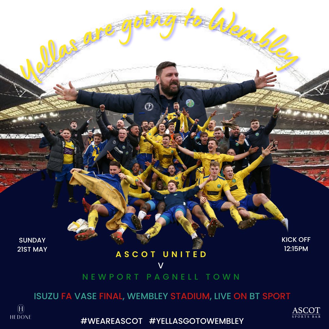 🏟️ ONE WEEK TO GO TIL WEMBLEY

Let’s fill the East stand with the Yellawall 💛

Sunday 21st of May. 12:15pm kick off. 

🎟️ wembleystadium.com/events/2023/No…

#WeAreAscot #YellasgotoWembley #NonLeagueFinalsDay