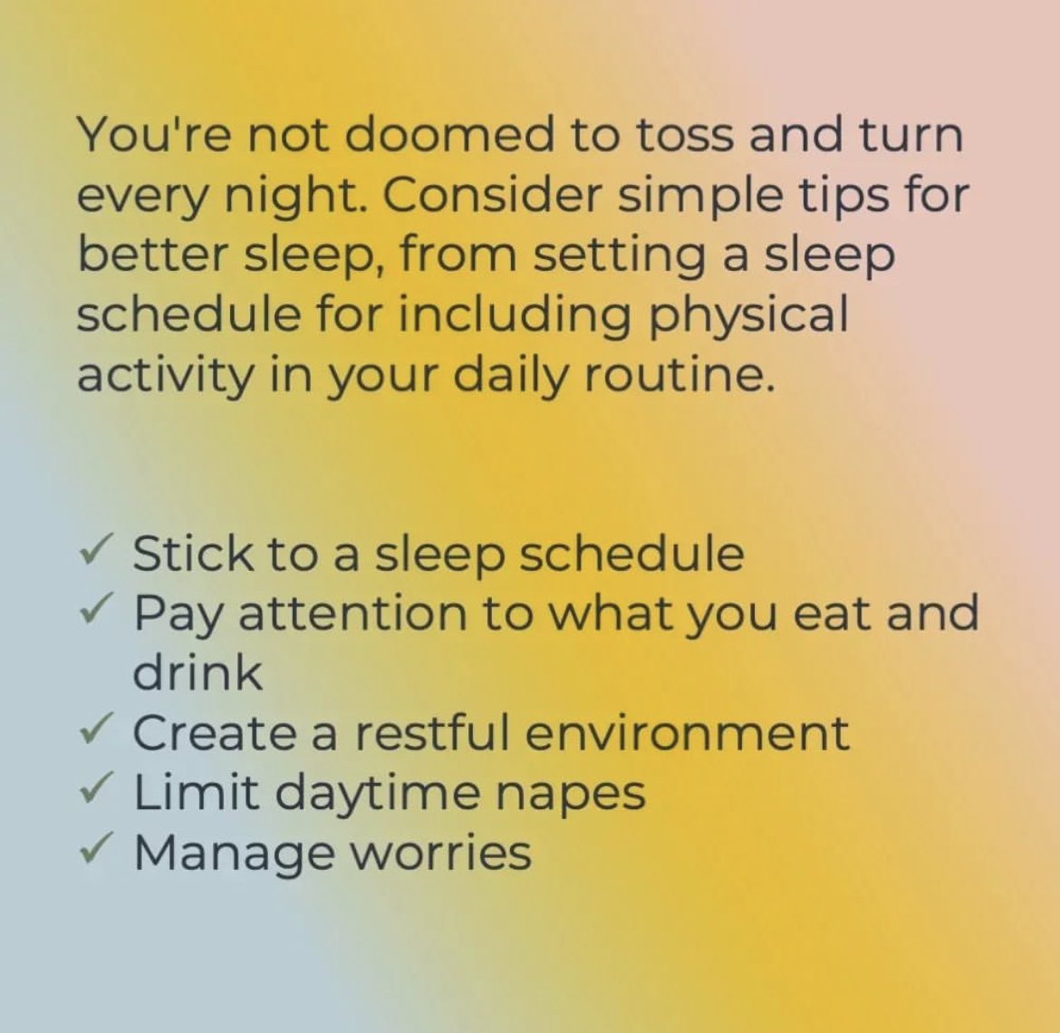 Lack of sleep can lead to difficulties with concentration, memory, decision-making, and increased feelings of irritability, anxiety, and depression.

💤

#SleepWellness #MentalHealthMatters #HealthySleepHabits #SleepAwareness
#RestorativeSleep #SleepHygiene #SleepBetter