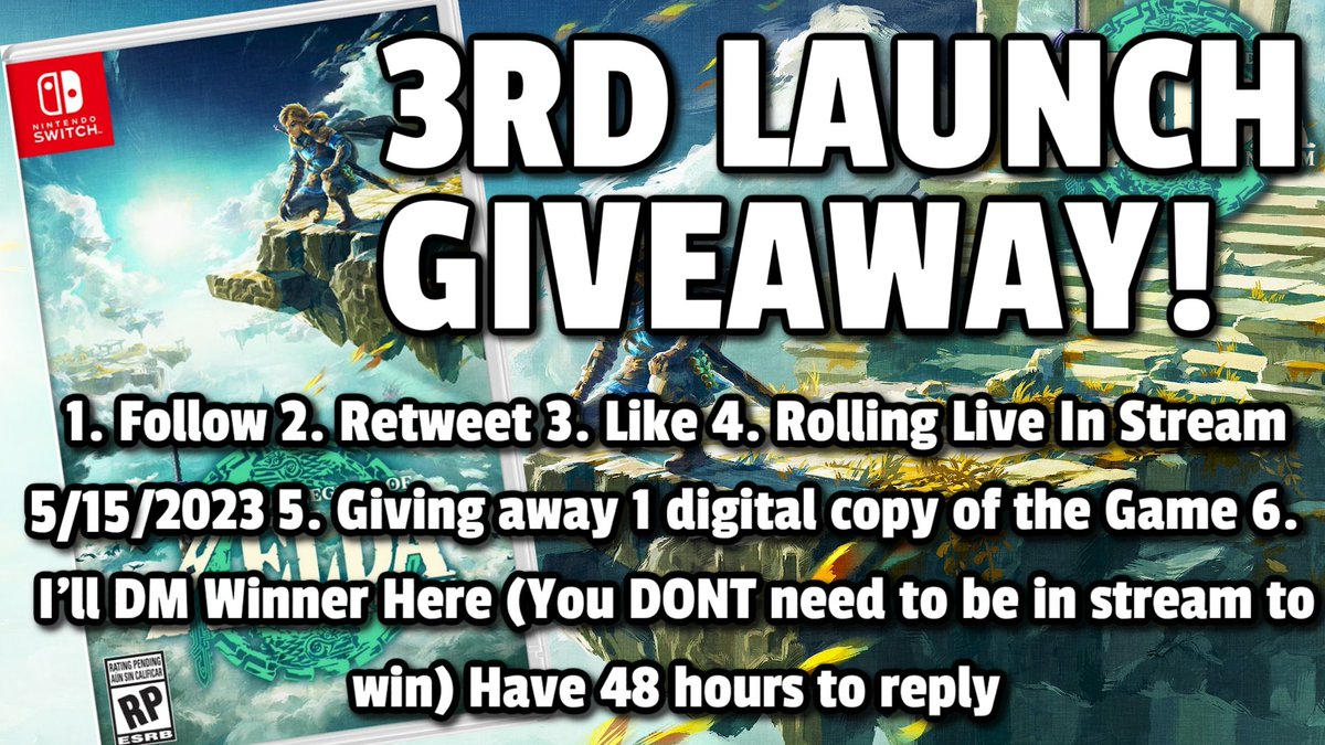 💚ZELDA TEARS OF THE KINGDOM LAUNCH GIVEAWAY 💚
--------------------------- 
1. Follow  2. Retweet  3. Like  4. Rolling Live In Stream 5/14/2023 or Early Morning 5/15/2023  5. Giving away 1 digital copy of the Game  6. I'll DM Winner Here (You DONT need to be in stream to win)