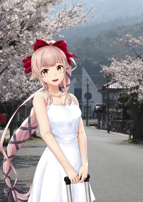 去年描いた初丹後由良×由良さん絵ね ホントはね、こうしたかったんだ。 でも、桜の季節に間に合わなかったんだ…  今年はやっと、由良の桜を見ることができた。 だから、1年越しでやりたいことを再現……(˘ω˘)