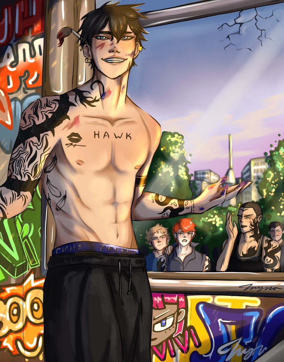 Nickname is Hawk, and his real name is Yasha. 

#OC #drawing #procreateart #ocart #hawk
