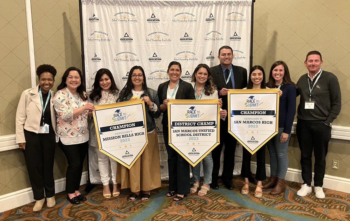 MHHS_Counseling's tweet photo. SMUSD wins 3 #RacetoSubmit Awards!
#SMUSD won the following awards:
✅San Marcos High School - CHAMPION (Category 700+ Seniors)
✅Mission Hills High School - CHAMPION (Category 500-699 Seniors)
✅San Marcos Unified School District CHAMPION (Category Medium Size District) https://t.co/Tvr9eUjaOm