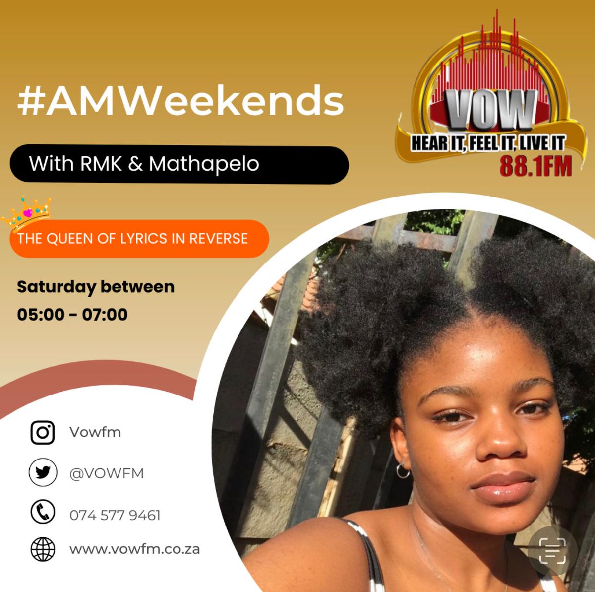 vow_881's tweet photo. CONGRATULATIONS @DineoFlathela ,You are this weeks QUEEN of the LYRICS IN REVERSE!!!!Will someone ever dethrone her? TUNE IN NEXT-WEEK on #AMWeekendsOnVOW to participate every Saturday and Sunday from 05:00AM TO O7:00AM.
π»:88.1
π±;https://t.co/xfVRyYfFgT
#MayWorkX https://t.co/SXs1zkYWOl