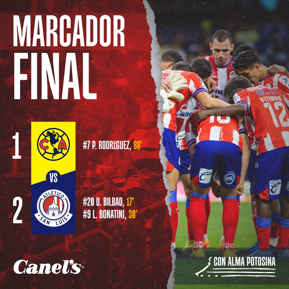 AtletideSanLuis's tweet photo. Final del partido en el estadio Azteca.

Orgullosos de este equipo y su entrega ante la adversidad.

Hoy demostramos que en San Luis se lucha hasta el final.

#ConAlmaPotosina 
@CanelsMx https://t.co/ezJhHY5ru7