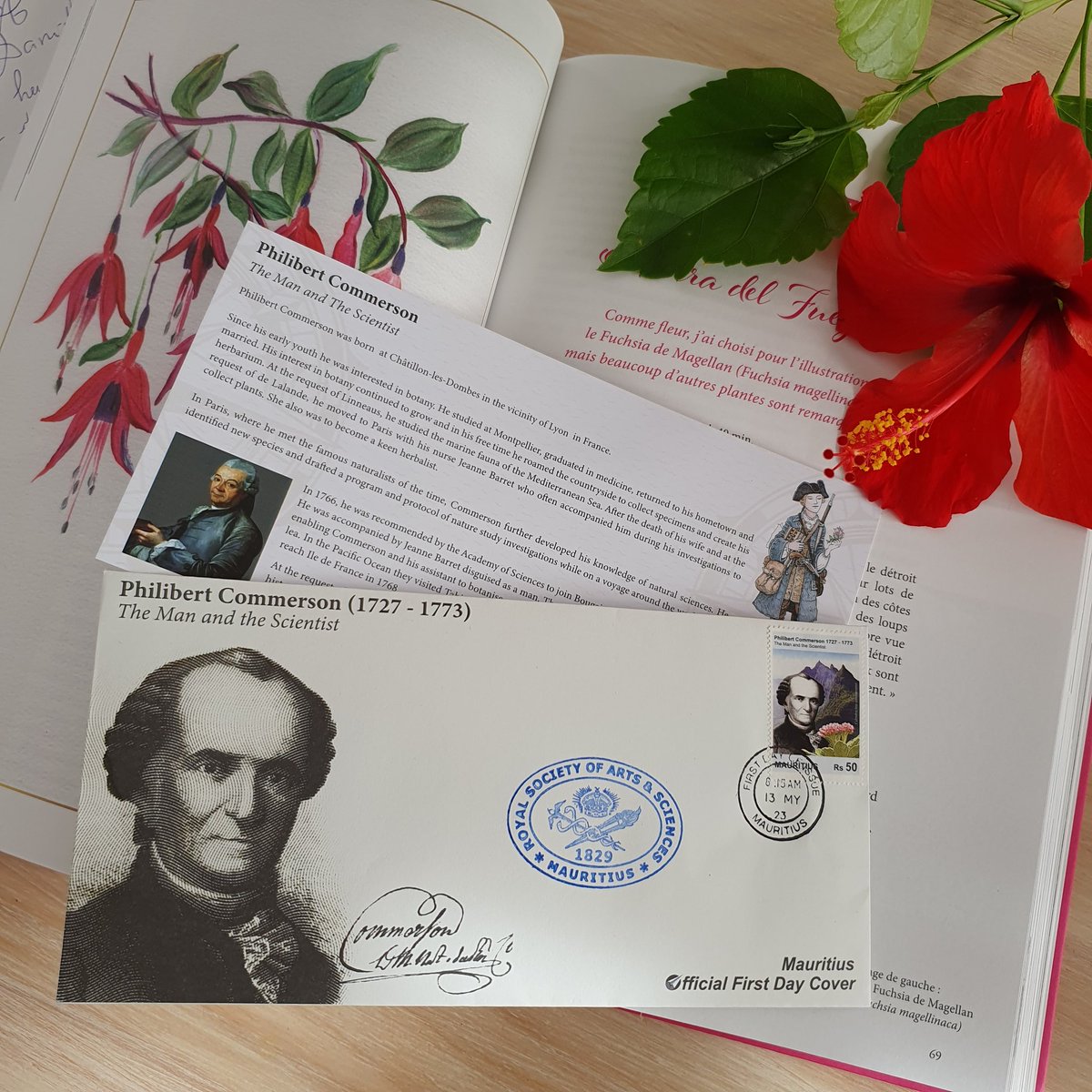 DanielleClode's tweet photo. Official #firstdaycover of a new Mauritian stamp commemorating the work of French #botanist Philibert #Commerson as well as Jeanne Barret, who accompanied around the world him collecting and describing many plants faniliar in gardens today. #hibiscus #fuschia #history https://t.co/fBOiSEOcSx