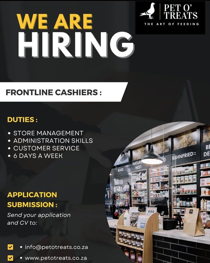 CarolBoitumelo1's tweet photo. We are looking for Frontline Cashiers.

Send your application and CV to info@petotreats.co za https://t.co/9j4m61Ysa7