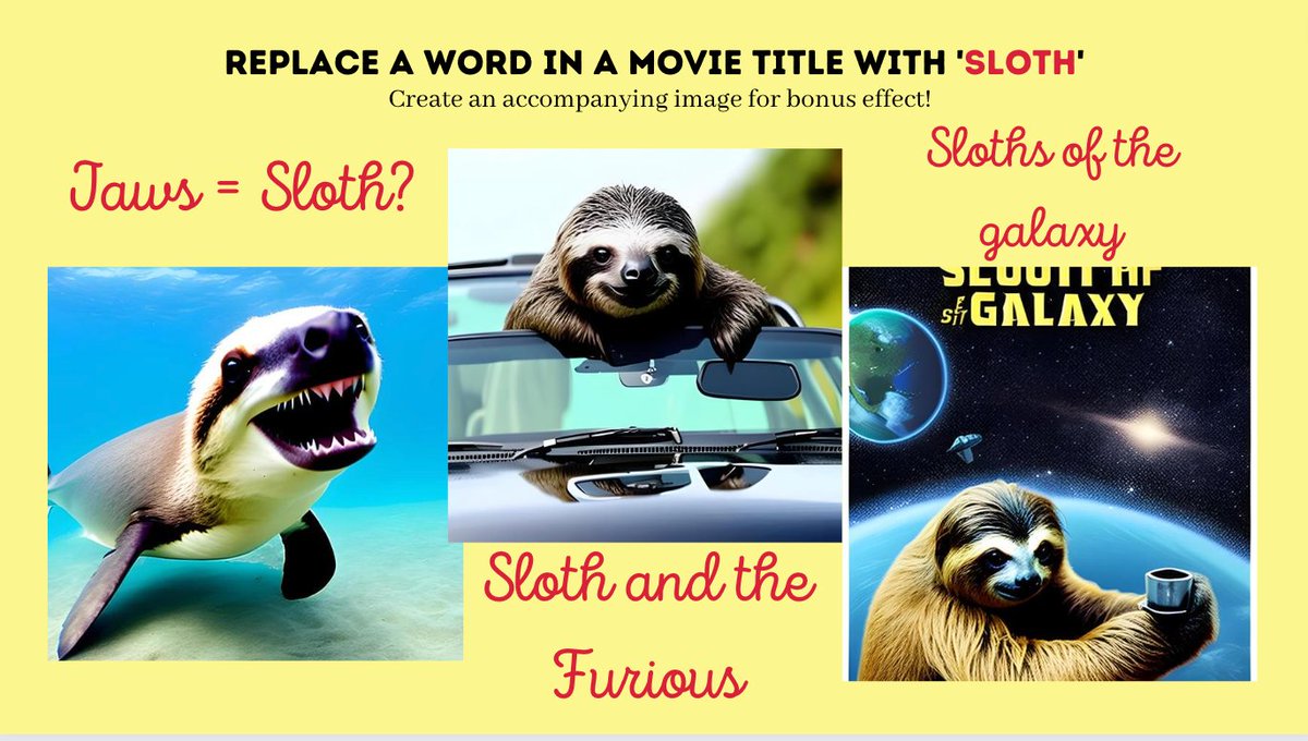 Goooood morning frens! 

Stole this idea from <a href="/pvmihalache/">PVM / Noya</a> 

Replace a word in a movie title with 'sloth' Let's see what you come up with! Bonus points for creating an image!