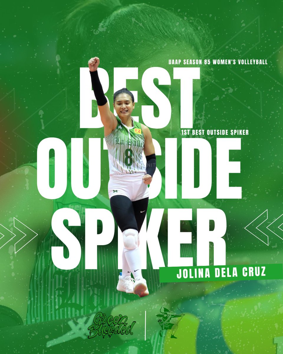 greenbloodedts's tweet photo. Arrows up for JOLINA DELA CRUZ, the Best Outside Spiker of UAAP Season 85 Women's Volleyball! 🏆💚🏹

#AnimoLaSalle #IgnitetheAnimo #RiseAsOne #UAAPSeason85 #GreenBlooded https://t.co/orcsRM3qea