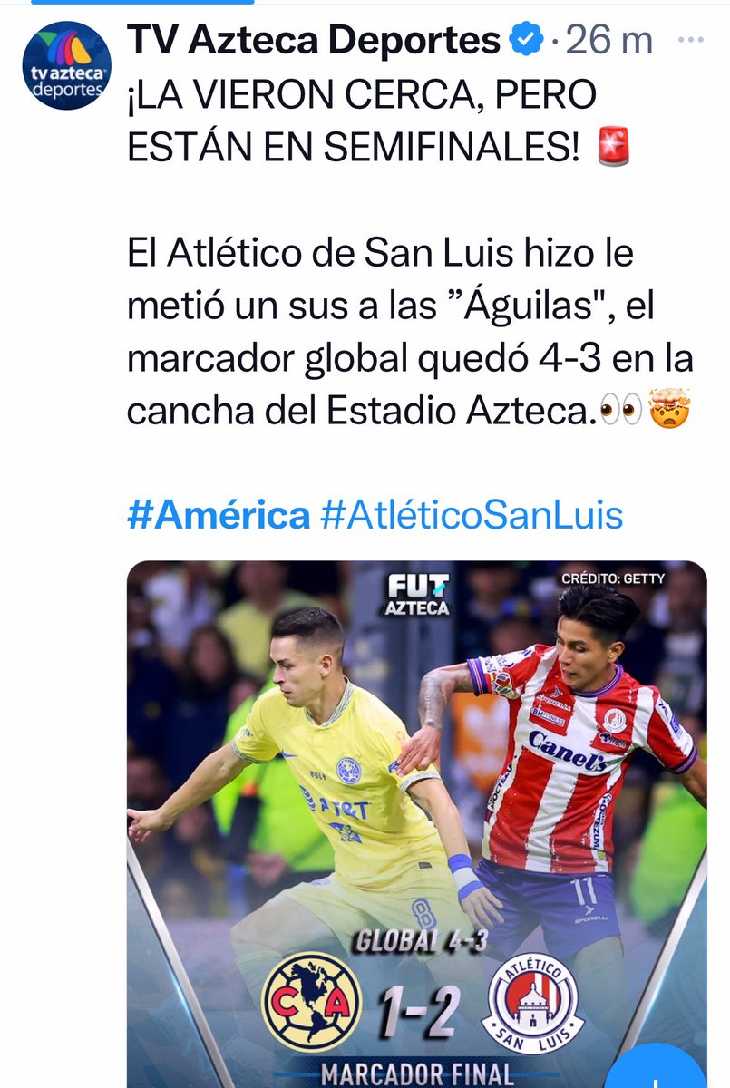 Creo el CM de <a href="/AztecaDeportes/">TV Azteca Deportes</a> ya esta enfiestado o dormido….
“Hizo le metió en sus a las Aguilas”🤔