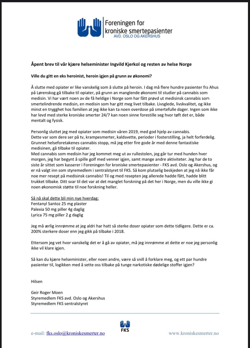 «-Nei, du kan ikke få cannabis som medisin, men du kan få fentanyl.» 
Dette er logikken til vår komplett ubrukelige helseminister. #rusreform