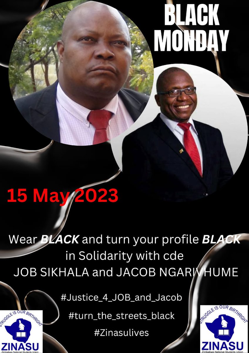 Monday Alert ⚠️... In solidarity with @JobSikhala1 and @NgarivhumeJacob the Union @Zinasuzim declared a black Monday. The word is No to Judicail Capture #BlackMonday #Zinasulives