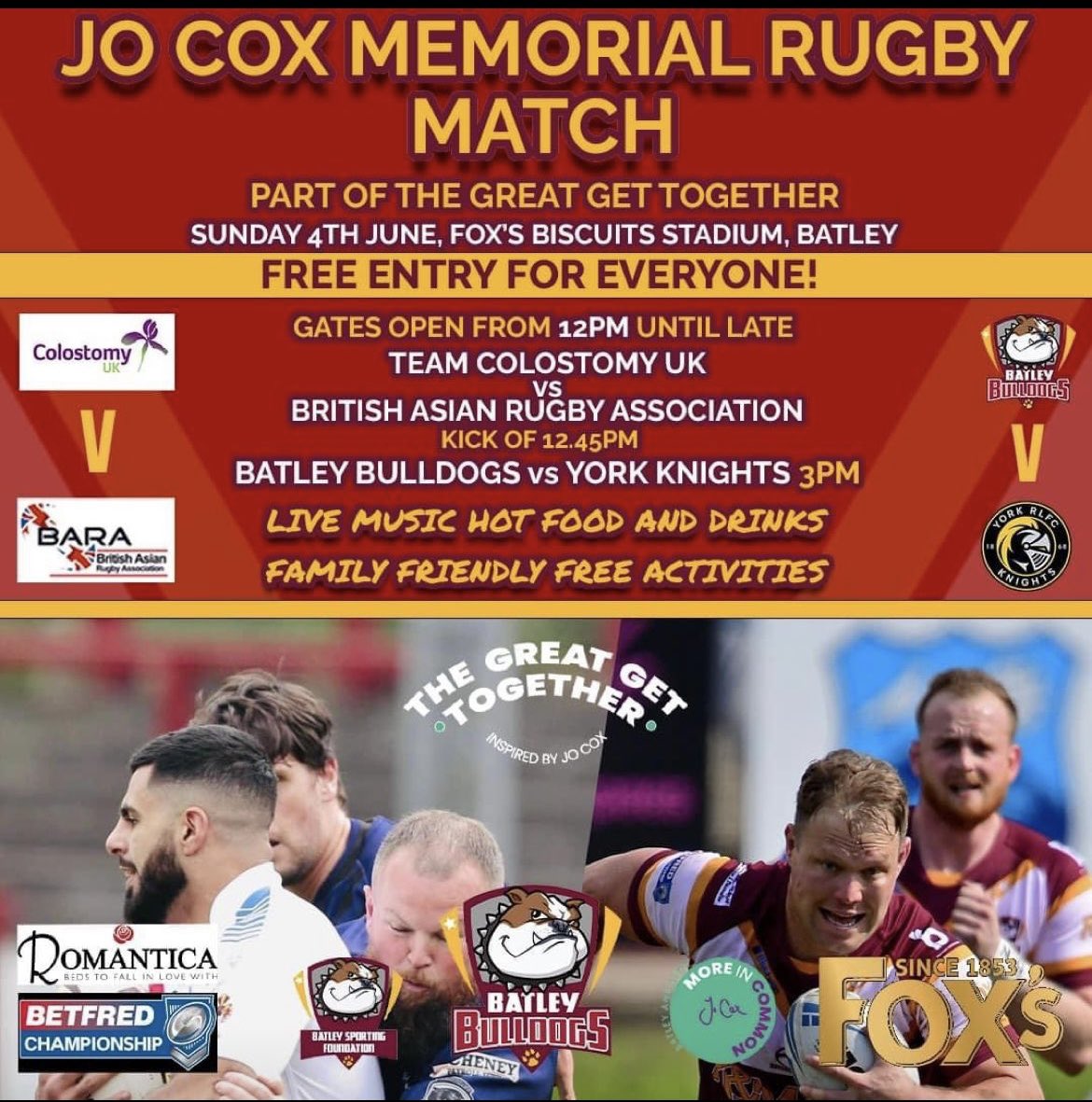 📣 We’re thrilled and honoured that we’ll be taking part in the #JoCox Memorial #RugbyLeague games on June 4, when we renew acquaintances with BARA before @BatleyRLFC face @YorkRLFC 😊 
The day is FREE to attend and there’s LOADS going on. Check out the graphic for full details!